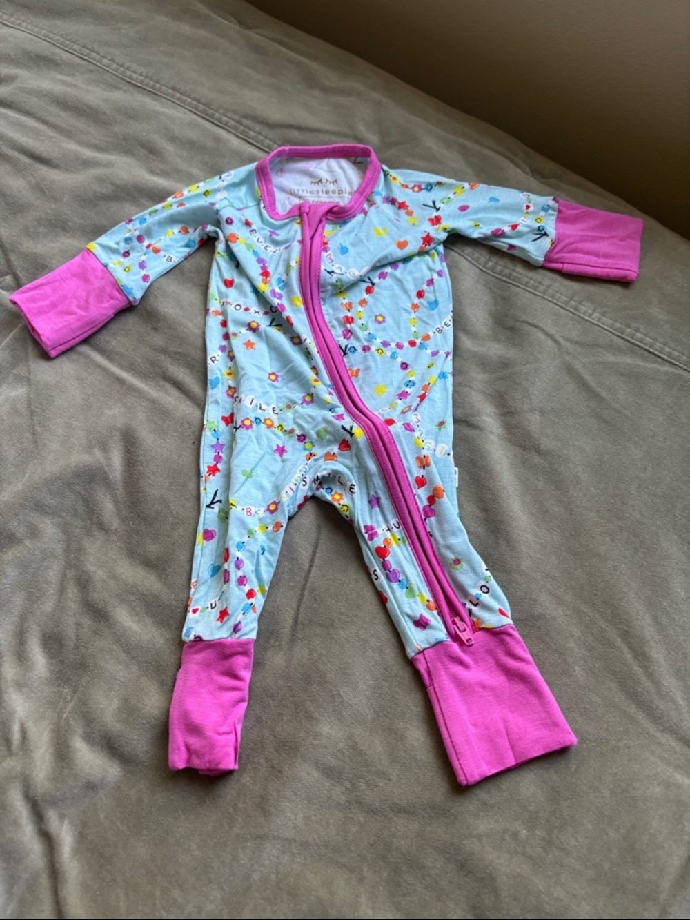 Little Sleepies Light Blue Floral Footed One-Piece with Pink Trim